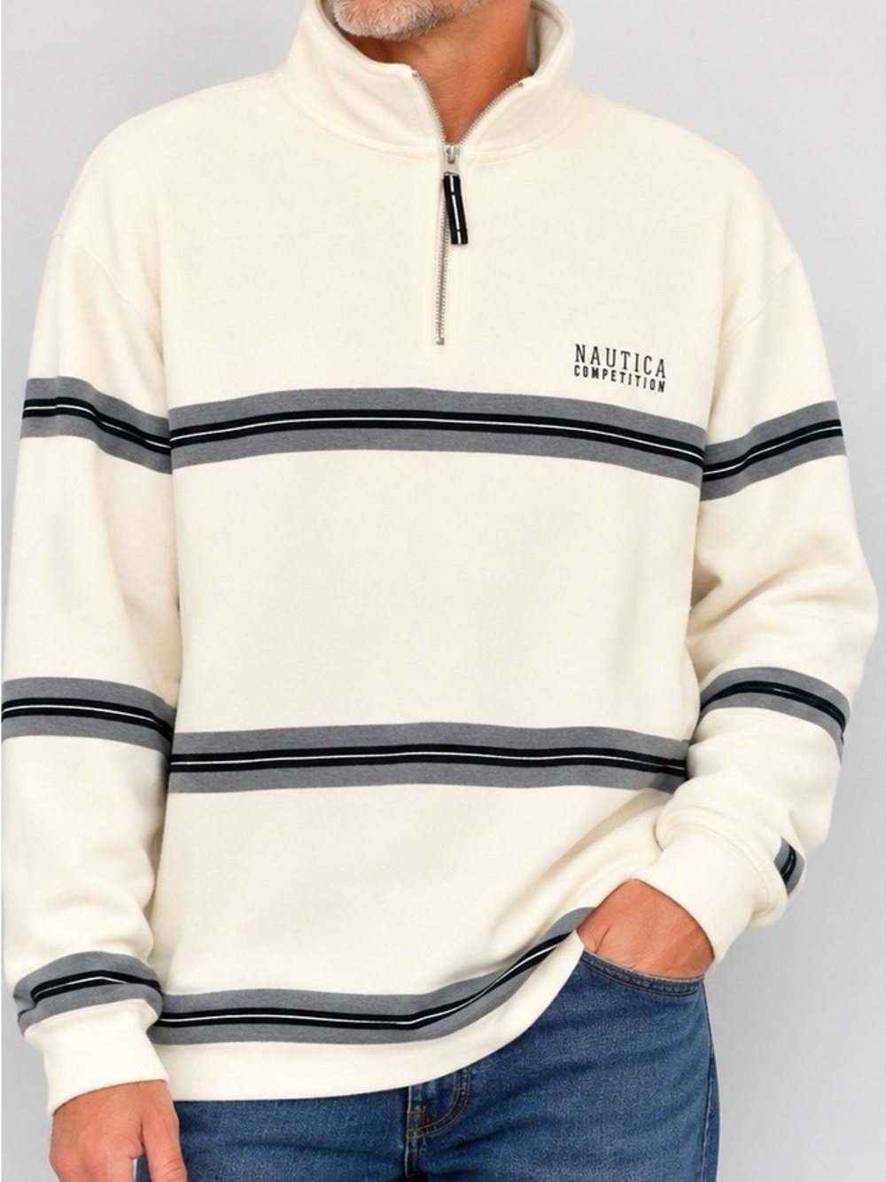 Nautica Competition Striped Quarter Zip Cinch Hem Fleece Pullover Cream Large